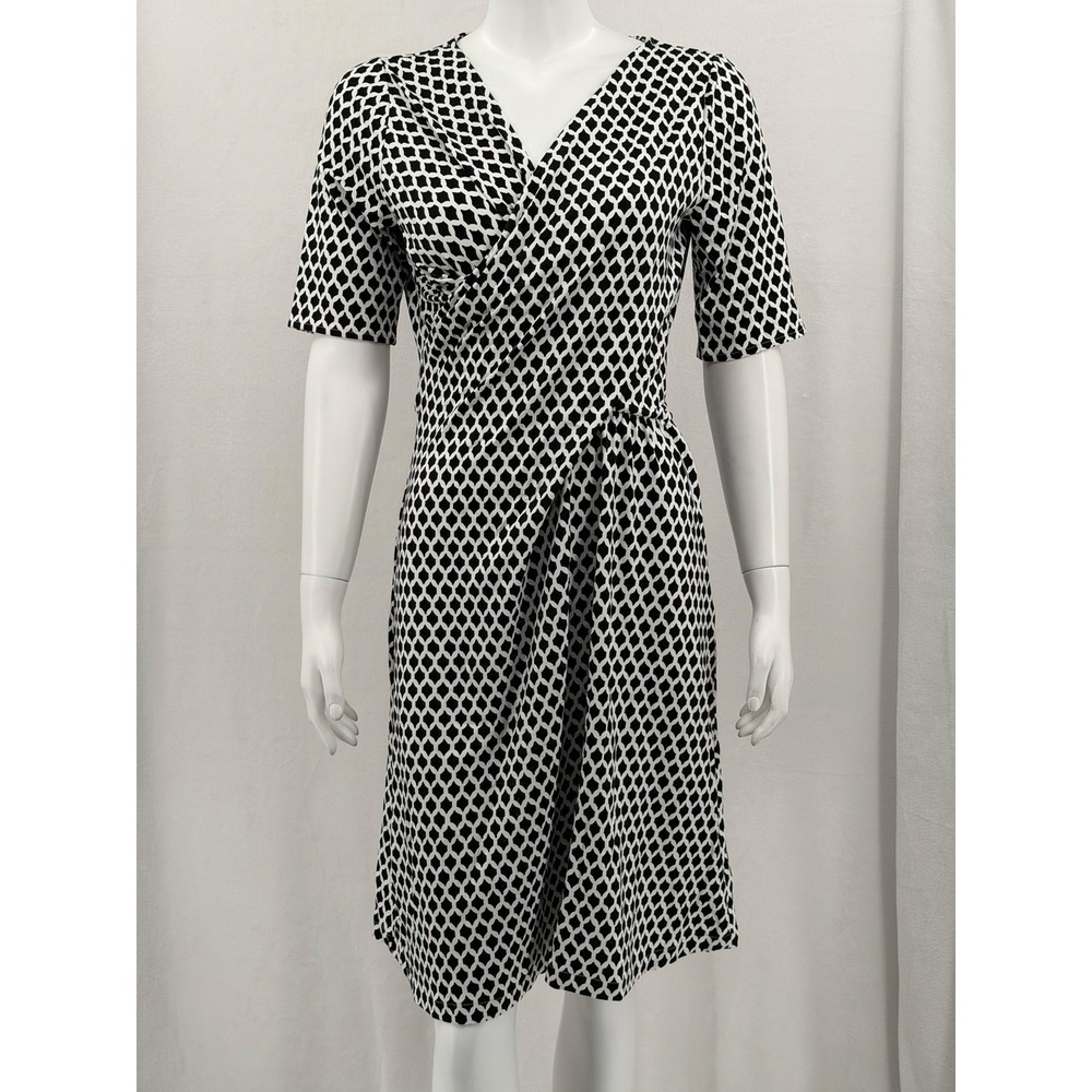 Talbots Dress Womens Medium Black White Geometric‎ Stretch V-Neck Office Work